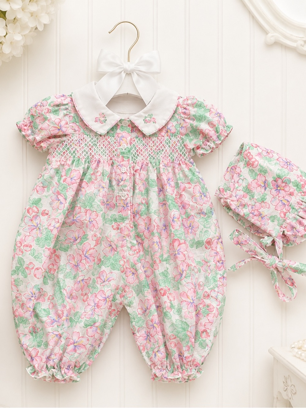 Vintage Heirloom Strawberry Smock with Matching Bonnet Bubble Romper Pink & Sash